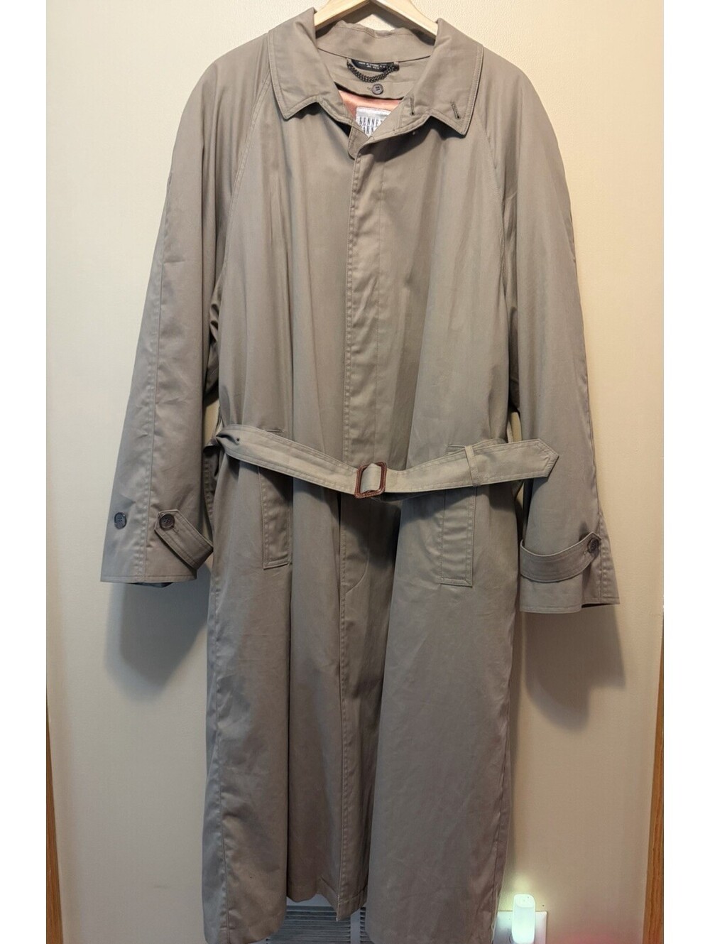 Kenneth Barnard Mens Beige Belted Trench Coat Removable Lining Size 44 Regular
